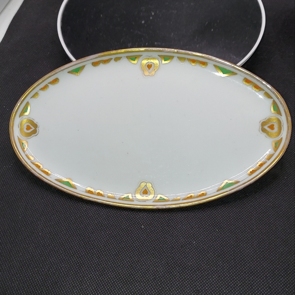 Very RARE Elegant Gold and Green Trimmed Oval Plate Dish MZ Austria